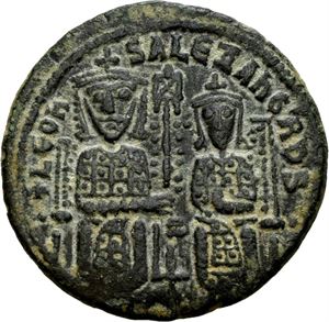 Leo VI the Wise 886-912, Æ follis, Constantinople. Leo og Alexander sittende/Skrift i 4 linjer