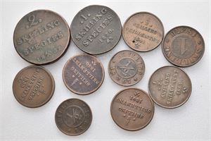 Lott 10 stk. skillemynt i bronse; 2 skilling 1832, 1 skilling 1820 og 1870, 1/2 skilling 1839, 1840, 1841 (2), 1863 og 1867 (2)