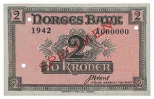 2 kroner 1942. A000000. Specimen