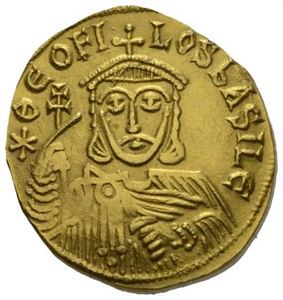 THEOPHILUS 829-842, solidus, Constantinople (4,24 g). Byste en face/Byster av Michael II og Constantin en face