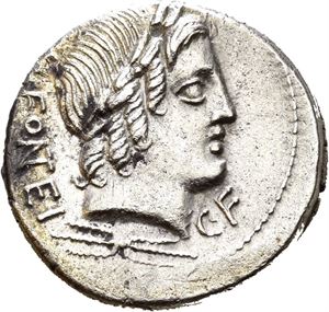 Mn. Fonteius C.f. 85 BC. AR denarius, Roma, (3,88 g). MN FONTEI C·F (MN and NT in monogram), Laureate head of Vejovis to right, thunderbolt below bust / The infant Genius seated right on goat; pilei of the Dioscuri in upper field; filleted thyrsus in exergue. All within laurel wreath. A few deposits. Brushed and with bright surfaces.