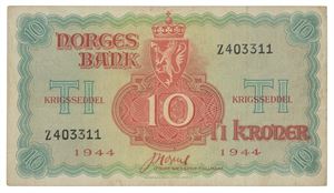 Norway. 10 kroner 1944. Z403311. Litt skitten/some dirt