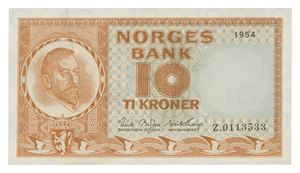 10 kroner 1954. Z0113533. Brofoss/Thorp. Erstatningsseddel/replacement note. R.