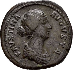 Faustina Junior. Augusta AD 147-175/6. AE sestertius, Roma AD 157-161, (25,32 g). Draped bust of Faustina Junior right / FECVNDITAS AVGVSTAE, Fecunditas standing left, holding two infants; two children stand to either side below. S-C across fields. Charming chocolate brown patina with some encrustations and deposits. Ancient edge knock and small edge mark. Attractive in hand.
