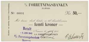 A/S Foretningsbanken Namsos. 50 kroner 1940. No. 00091