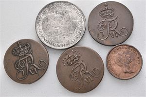 Norge, 3 stk. 2 skilling 1810, 2 kroner 1917 samt Danmark, 1 rigsbankskilling 1813