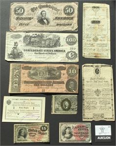 Lot 9 stk. bl.a. Østerrike, 5 gulden 1806, 1 gulden 1800, 3 stk. Confederate notes og 3 stk. Fractional currency