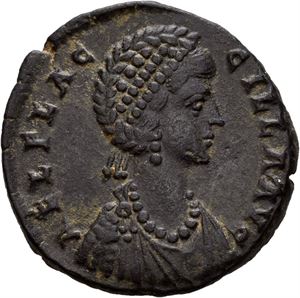 Aelia Flacilla, wife of Theodosius I, Æ maiorina, Heraclea 383-386 (5,04 g). Her draped bust r./Victory std. r. on throne inscribing christogram on oval shield on column