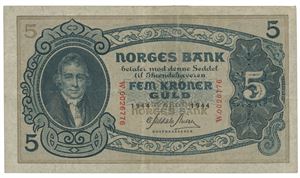 5 kroner 1944 W 0026776.  SS. Lang rift, tapet.