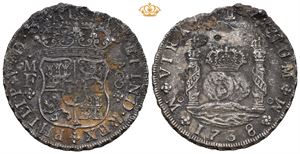 Philip V, 2. regjeringsperiode 1746-1746. 8 reales "pillar dollar", 1738 MF. Mexico City. 25,21 g