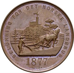 Oscar II. Landbruksutstillingen i Christiania 1877. Prismedalje. Berliner Medaillen-Münze. Bronse. 41 mm