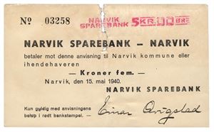 Narvik Sparebank, 5 kroner 15.mai 1940. No.03258. Stor rift/large tear.