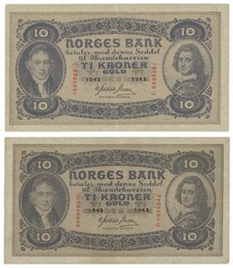 Lot 2 stk. 10 kroner 1943 C og D