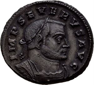 Severus II 306-307, Æ follis, Lugdunum 306-307 e.Kr. R: Genius stående mot venstre