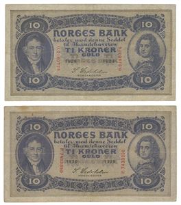 Lot 2 stk. 10 kroner 1928 O og 1930 P