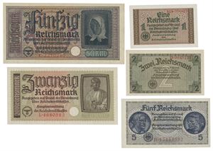 Lot 5 stk. 50-, 20-, 5-, 2- og 1 reichsmark