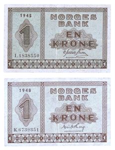 Lot 2 stk. 1 krone 1945 I og 1948 K