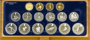 Komplett sett OL Lillehammer 1994. 4 stk. 1500 kroner i gull samt 12 sølvmynter