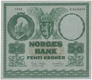 50 kroner 1958. Z.0136435. Erstatningsseddel/replacement note.