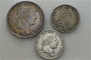 George III, lot 3 stk. 3 shilling bank token 1815, 18 pence bank token 1811 og 1814
