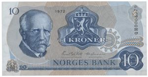 10 kroner 1972. QH0068979. Erstatningsseddel/replacement note