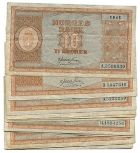 Lot 14 stk. 10 kroner 1945 A, 1945 B (9) og 1945 C (4)