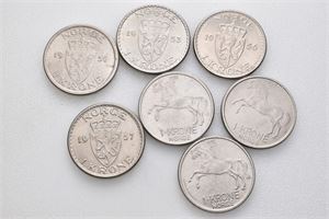 Lott 7 stk. 1 krone; 1951, 1953, 1956, 1957, 1959 (2), og 1963