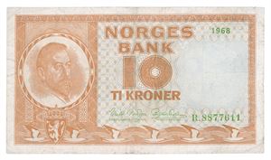 10 kroner 1968. R8877611. Grønn skrift