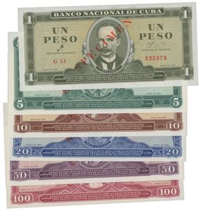 Lott 6 stk. 1, 5, 10, 20, 50 og 100 pesos 1961. Rødt overtrykk "SPECIMEN"