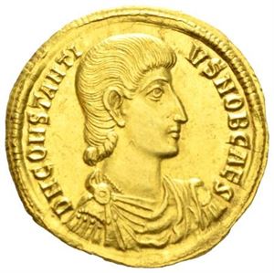 CONSTANTIUS GALLUS 351-354, solidus, Antiokia 353-354 e.Kr. R: Roma og Constantinopolis holdende skjold