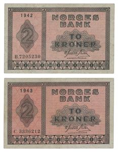 Lot 2 stk. 2 kroner 1942. B7205230 og 1943. C3336212
