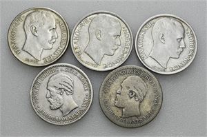 Lot 5 stk. 1 krone 1877, 1898, 1908, 1912 og 1917