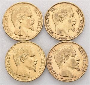 Napoleon III. Lott 4 stk. 20 francs; 1857 A, 1858 A, 1859 A og, 1860 A (hakk/pecks)