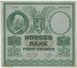 50 kroner 1958. D.0078858. Litt skitten på revers/a bit dirty on reverse