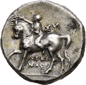 Calabria, Taras, 272-235 f.Kr., stater (6,62 g). Naken ungdom på hest mot venstre/Taras på delfin mot venstre