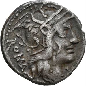 M. Calidius, Q. Caecilius Metellus & Cn. Fulvius 117-116 f.Kr., denarius. Hode av Roma mot høyre/Victoria i biga mot høyre