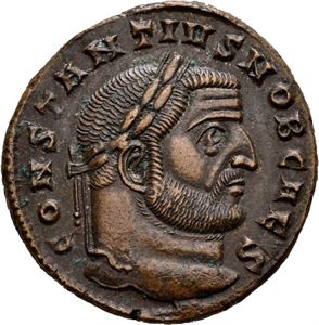Constantius I 305-306, Æ follis, Ticinum, 300-303 e.Kr. R: Moneta stående mot vernstre