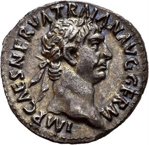 Trajan. AD 98-117. AR denarius, Roma AD 99, (3,19 g). Laureate head of Trajan right / PONT MAX TR POT COS II, Concordia seated left, sacrificing from patera over altar and holding double cornucopiae. Wonderful iridescent toning. Almost invisible marks and scratches.