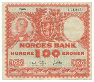 100 kroner 1960. Z0436473. Erstatningsseddel/replacement note