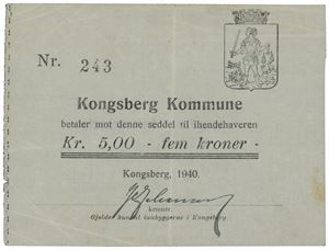 Kongsberg kommune. 5 kroner 1940. Nr. 243. Meget sjelden.