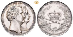 Christian VIII. Kongens og dronningens salving 1840. Christensen, Conradsen og (Thorvaldsen). Sølv. 48 mm