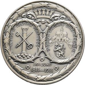 Bragernæs og Strømsø forening 1811-1911. Throndsen. Sølv. 42 mm