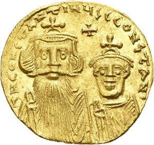 Constans II 641-668, AV solidus, Constantinople (4,41 g). Facing busts of Constans (on l.) with long beard and Constantine IV (on r.) each wearing crown and chlamys/Cross on three steps