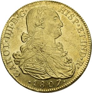 Carl IV, 8 escudos 1807 NR. Blankettfeil/planchet defect