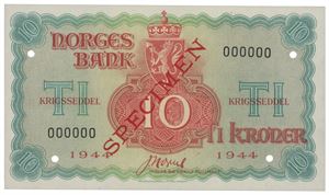 10 kroner 1944. 000000. Overtrykt "SPECIMEN" i rødt og perforert med 4 hull