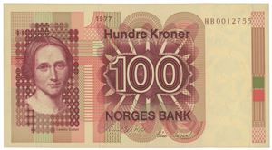 100 kroner 1977. HB0012755. Erstatningsseddel/replacement note