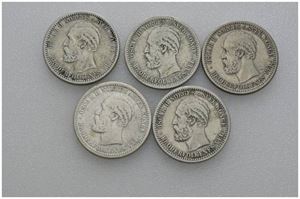 Lot 5 stk. 50 øre 1889, 1891, 1893, 1895 og 1901