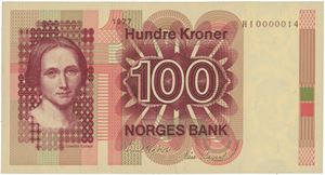 100 kroner 1977. HI0000014. Erstatningsseddel/replacement note.