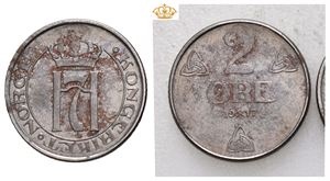 Lot 2 stk. 2 øre 1917, enkel og dobbel strek. Korrodert/corroded