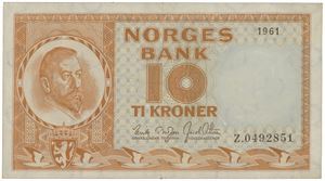 10 kroner 1961. Z.0492851. Erstatningsseddel/replacement note.